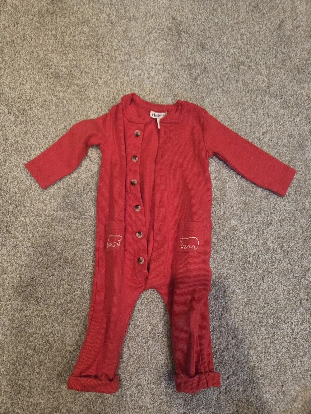 Hatley Baby Red Ribbed One-Piece with Bear Pockets | 3-6M